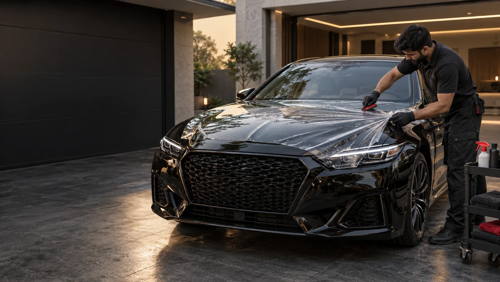 Professional paint protection film installation on a black car at home