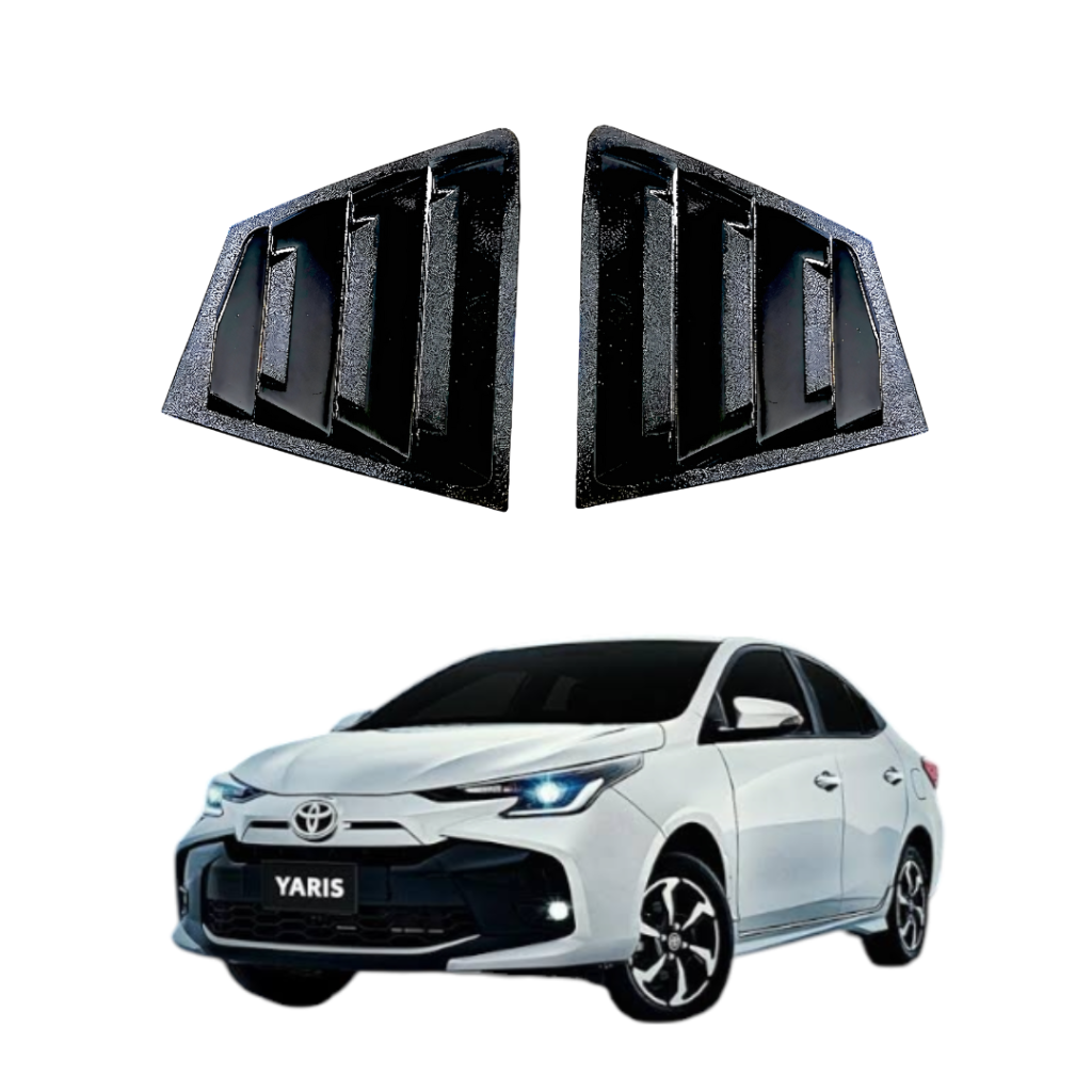 **Alt Text:** "Toyota Yaris Quarter Window Glass Louvers in Glossy Black – 1 Pair with Double Tape for Easy Installation"