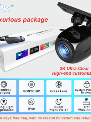 **Alt Text:** 2K Ultra HD Night Vision Rear View Camera with waterproof design, universal 12V fit for cars, providing clear night vision and parking assistance.