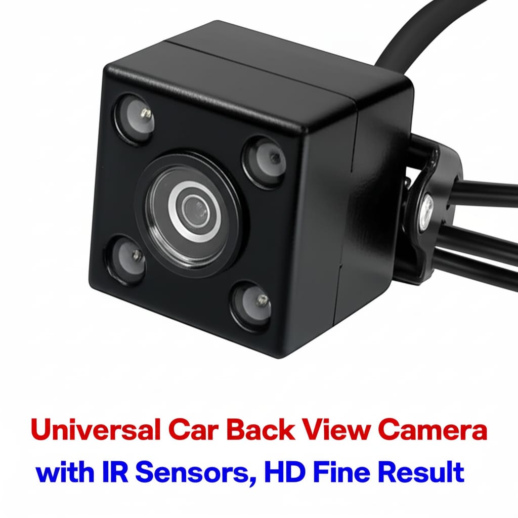 **Alt Text:** 12V Universal IR Back View Camera with 4 infrared sensors, waterproof design, and night vision for clear rear visibility and safe parking in all conditions.